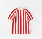 Girls 100% Cotton Knitted Stripe Dress - Red.